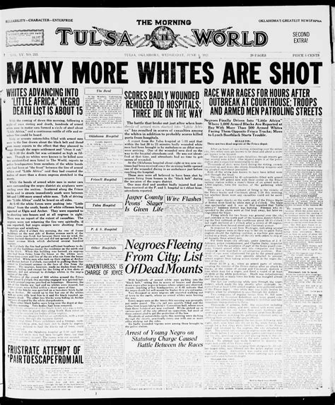 Tulsa newspaper - By Randy Krehbiel, Tulsa World May 31, 2019. Greenwood burns on June 1, 1921, after a white mob invaded the district and destroyed 35 blocks of property. There are many lessons from Tulsa’s 1921 race massacre. One of them, often overlooked, is that words matter. Walter White, the intrepid NAACP investigator of that era, wrote that the ...